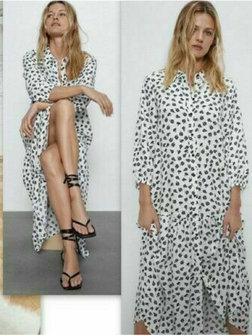 Zara White & Black Floral Midi Shirt Dress | Cottagecore | Fall Transition | M